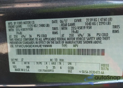 2017 Ford Escape Se from USA, damaged, VIN 1FMCU9GDXHUE19908